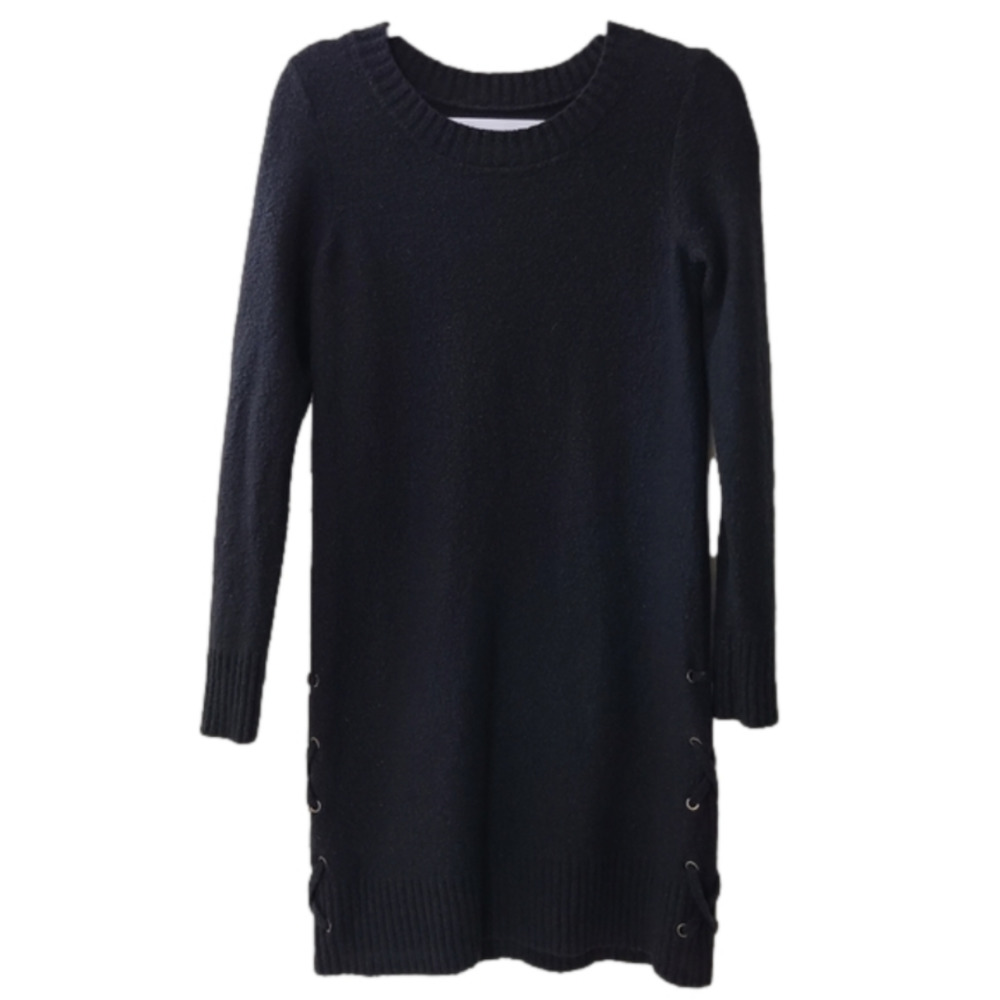 Lucky Brand Black Scoop Neck Knit Mini Sweater Long Sleeve Neutral Dress Size S